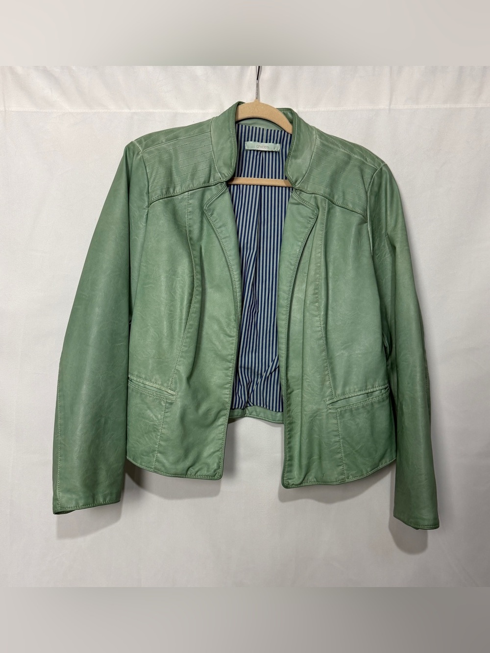 Chico's Faux Leather Jacket Size 2 Mint Green Open Front Blazer Lined Women's